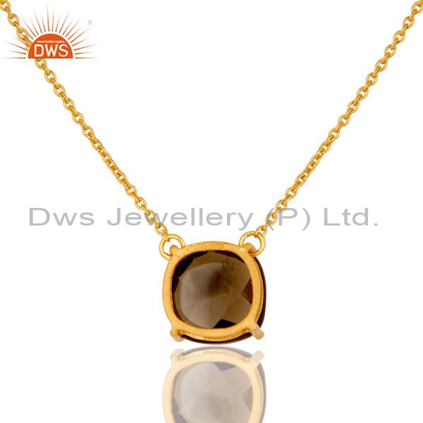 Exporter 18K Yellow Gold Plated Sterling Silver Smoky Quartz Prong Set Chain Necklace