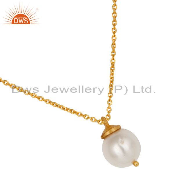 Exporter 18K Yellow Gold Plated Sterling Silver White Pearl Designer Pendant With Chain