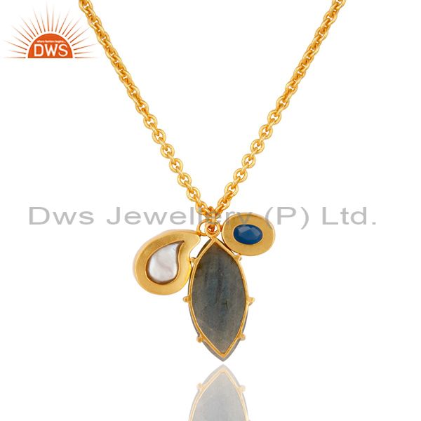 Exporter Blue Chalcedony Pearl and Labradorite Handmade 18k Gold Plated Necklace