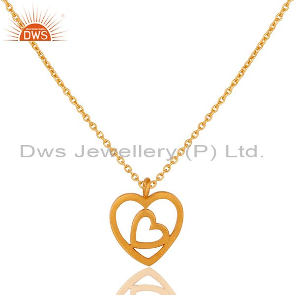 Exporter 18K Yellow Gold Plated Double Heart Sterling Silver Pendant Necklace