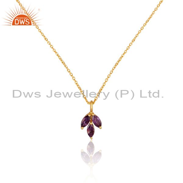 Exporter Amethyst Leaf Finn 925 Sterling Silver 18k Gold Plated Chain Pendant Necklace