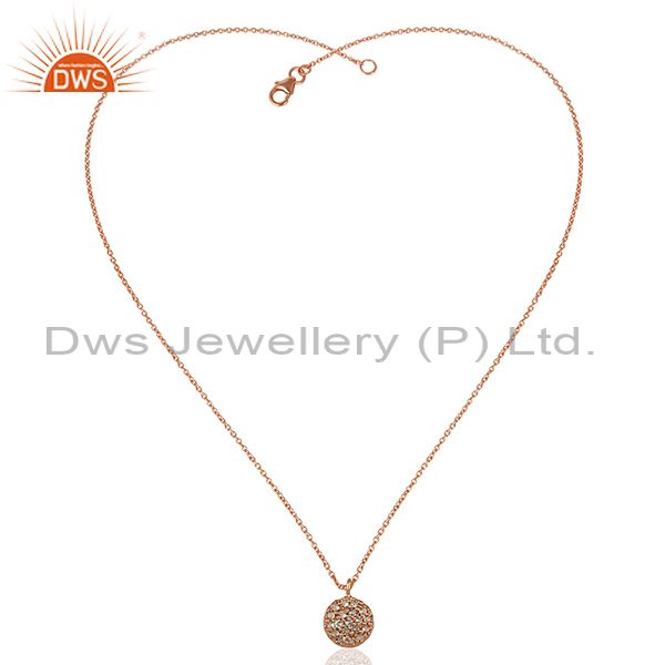 Exporter Round Single White Topaz Chain Pendant With 18k Rose Gold Plated Sterling Silver