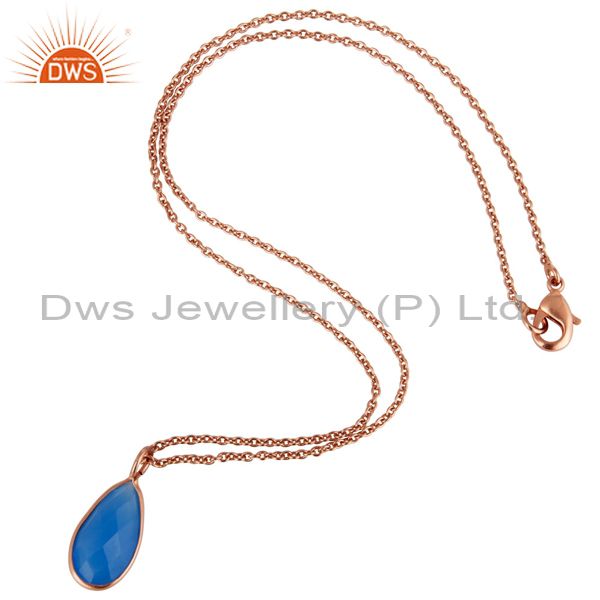 Exporter 18K Rose Gold Plated Blue Chalcedony Bezel Set Drop Pendant With 16" Inch Chain