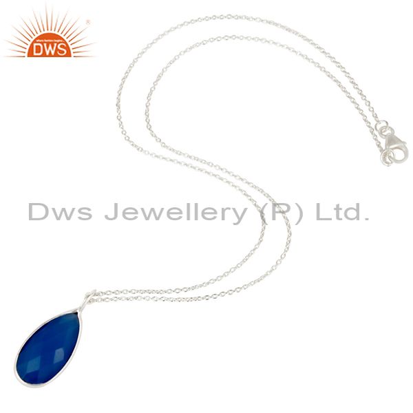 Suppliers Solid Silver Plated Blue Chalcedony Bezel Set Drop Pendant With 16" Inch Chain