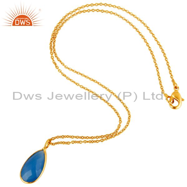 Exporter 18K Yellow Gold Plated Sterling Silver Blue Chalcedony Bezel Drop Pendant Chain