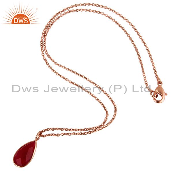 Exporter 18K Rose Gold Plated Pink Chalcedony Bezel Set Drop Pendant With Chain