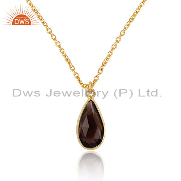 Exporter Natural Smoky Quartz Faceted Pendant Necklace In 18K Yellow Gold Over Brass