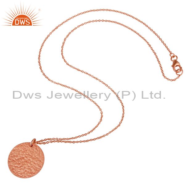 Wholesalers 18K Rose Gold Plated Sterling Silver Hammered Coin Charms Pendant With Chain