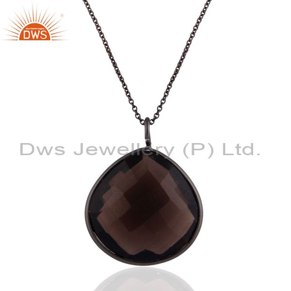 Exporter Black Rhodium Plated Sterling Silver Natural Smoky Quartz Drop Pendant With Chai