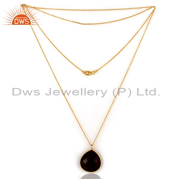 Exporter 18K Gold Plated Sterling Silver Smoky Quartz Gemstone Pendant With 30" In Chain