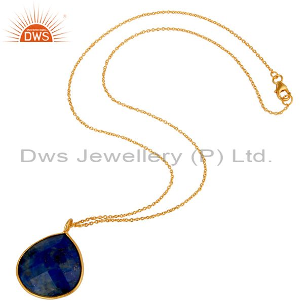 Suppliers 18K Yellow Gold Plated Sterling Silver Faceted Lapis Lazuli Pendant With Chain