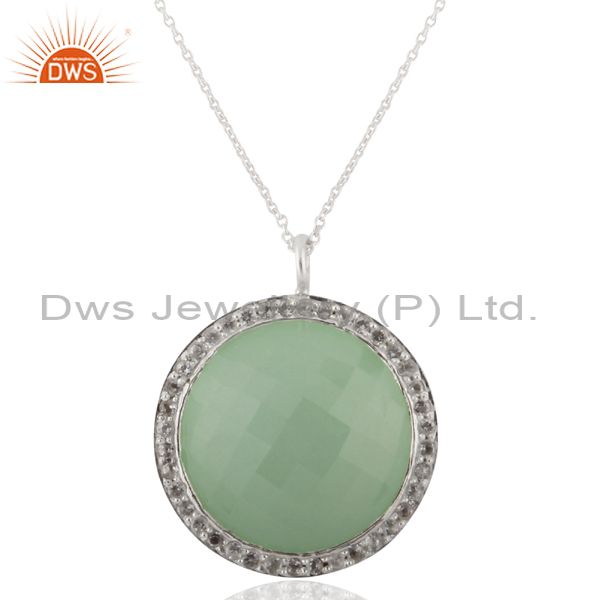Exporter 925 Sterling Silver Aqua Chalcedony And White Topaz Halo Pendant With Chain