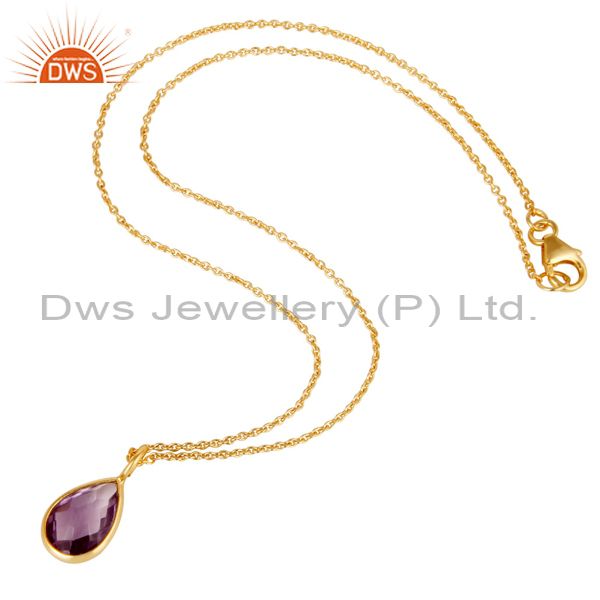 Suppliers 18K Yellow Gold Plated Sterling Silver Amethyst Bezel Drop Pendant With Chain