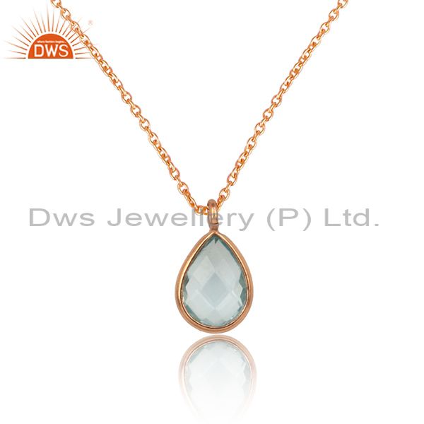 Tear Drop Blue Topaz Pendant With Rose Plated Silver Chain