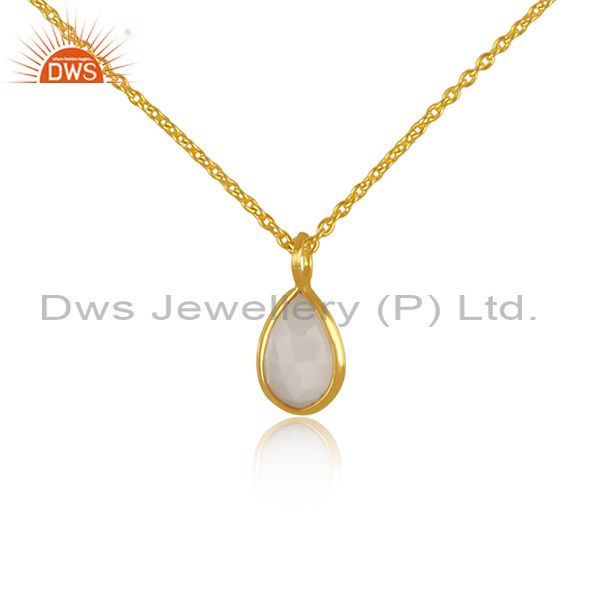 925 Silver Gold Plated White Moon Stone Pendant With Chain