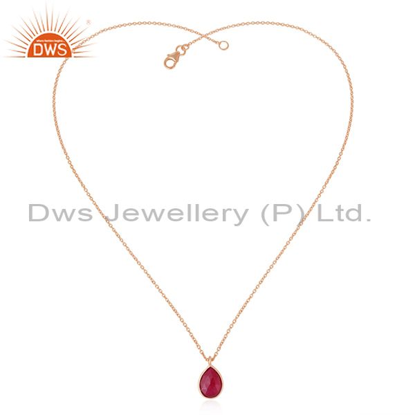 Exporter 18K Yellow Gold Plated Sterling Silver Dyed Ruby Drop Pendant With Chain