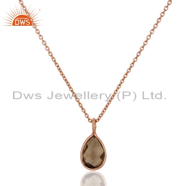 Exporter 18K Rose Gold Plated Sterling Silver Bezel Set Smoky Quartz Pendant With Chain
