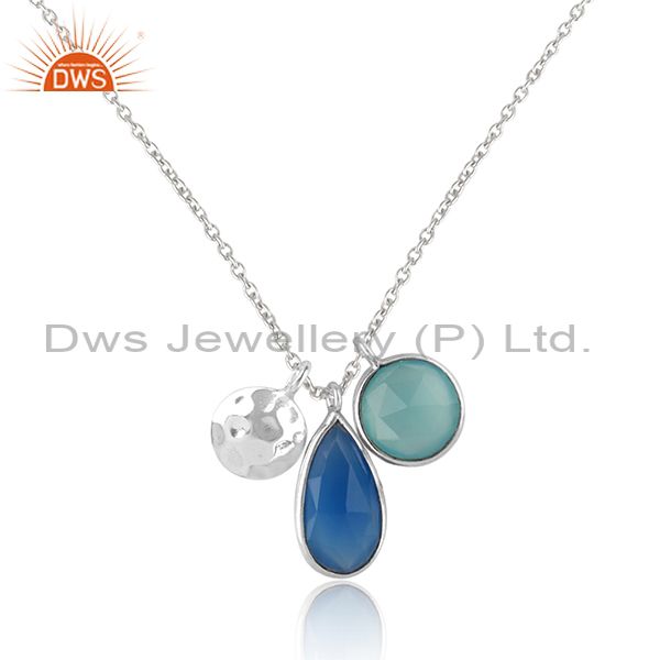 Handcrafted multi charm silver necklace with blue, aqua chalcedony