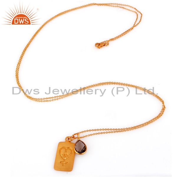 Exporter 18K Yellow Gold Plated Sterling Silver Smoky Quartz Pendant Bezel With Chain