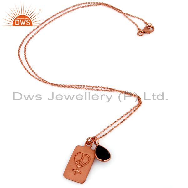 Exporter 18K Rose Gold Plated Sterling Silver Black Onyx Bezel Set Pendant With Chain