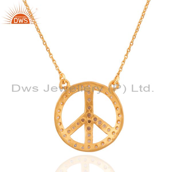 Exporter 14K Gold Plated Sterling Silver White Topaz Peace-Sign Pendant Necklace