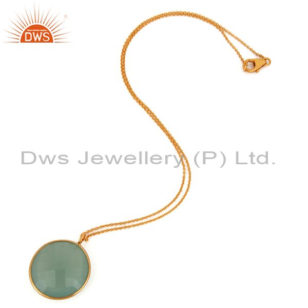Exporter 18K Gold Over Silver Faceted Green Chalcedony Gemstone Bezel Pendant With Chain