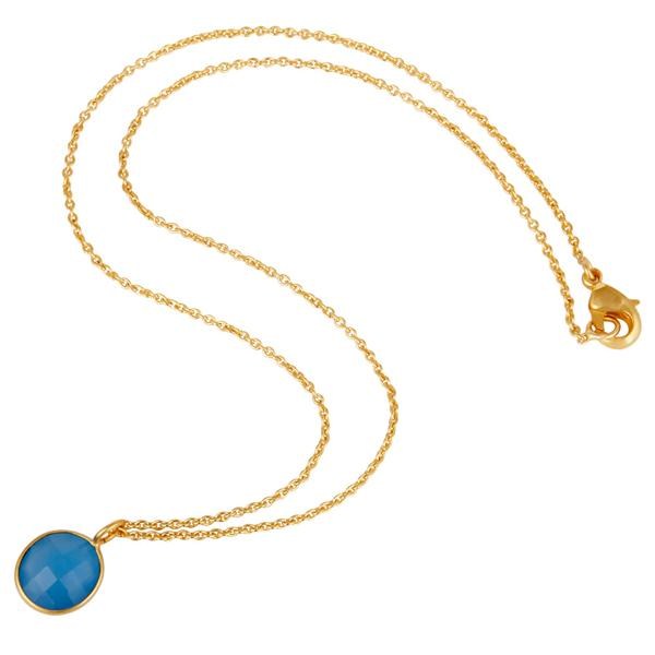 Suppliers Faceted Blue Chalcedony Gemstone Bezel Set 18K Gold Plated Pendant With Chain