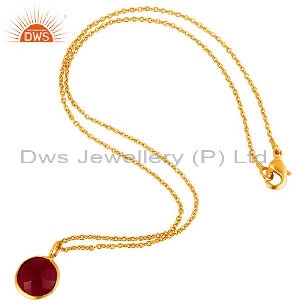 Exporter 18K Yellow Gold Plated Faceted Pink Chalcedony Bezel Set Pendant Necklace