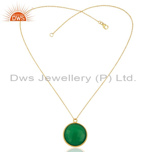 Exporter 18K Yellow Gold Plated Sterling Silver Green Onyx Bezel Set Pendant With Chain