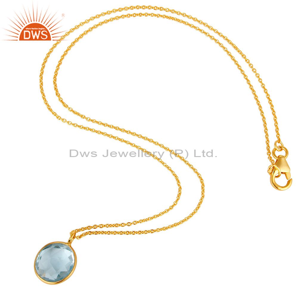 Exporter 14K Yellow Gold Plated Sterling Silver Blue Topaz Bezel Set Pendant With Chain
