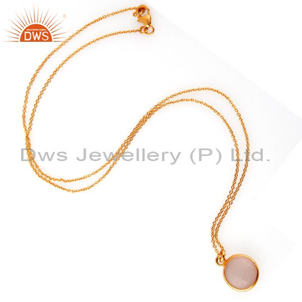 Exporter 18K Gold Plated Sterling Silver Rose Chalcedony Bezel Set Pendant With Chain