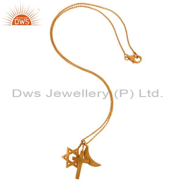 Exporter 18K Yellow Gold Plated Sterling Silver Cross, Half Moon And Star Charms Necklace