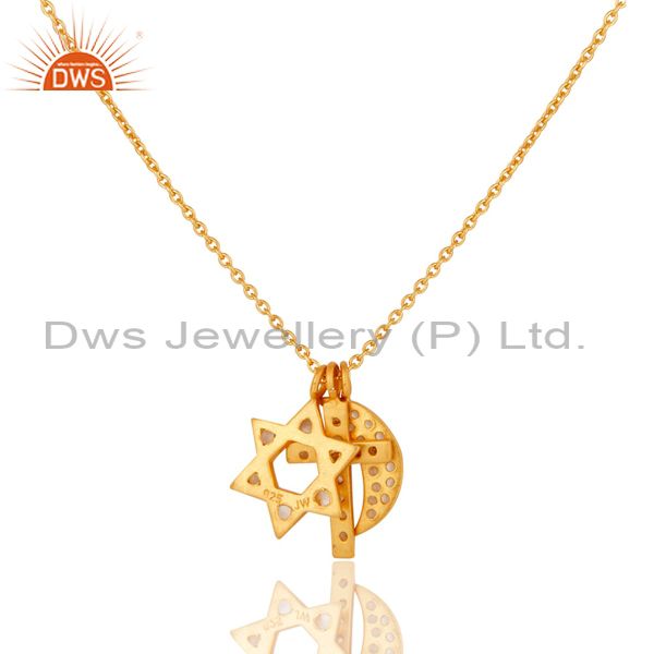 Wholesalers Yellow Gold Plated Silver White Topaz Cross, Half Moon & Star Charms Necklace