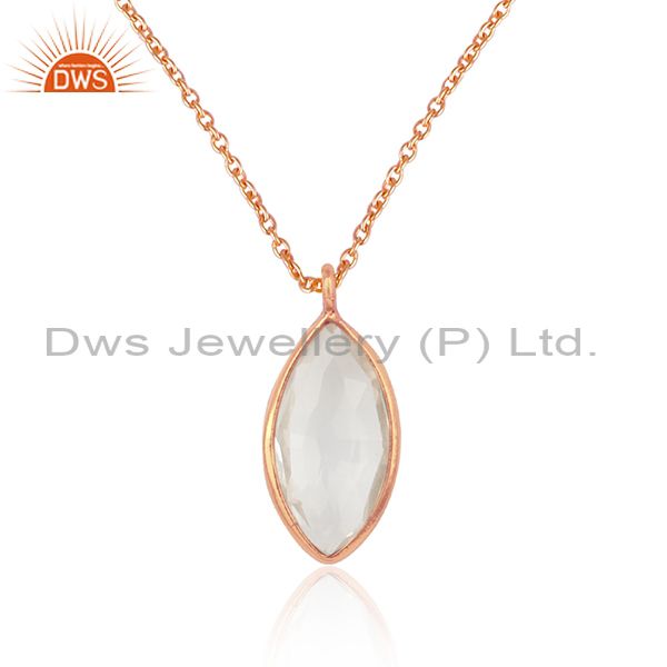 Oval Crystal Quartz Pendant With Rose Plated Silver Chain