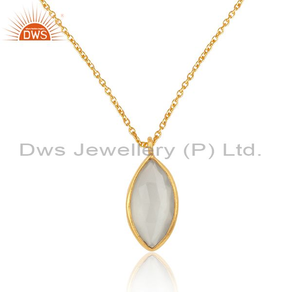 Oval Cut White Moon Stone Pendant With Gold On Silver Chain