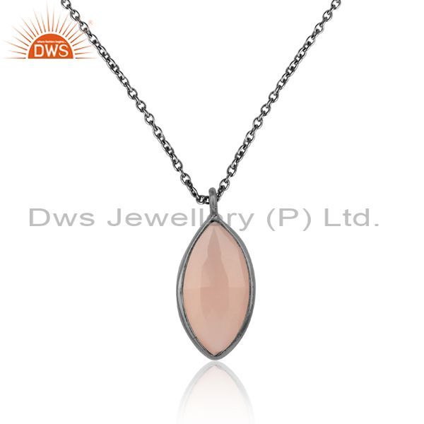 Briolette Rose Chalcedony Pendant With Black On Silver Chain