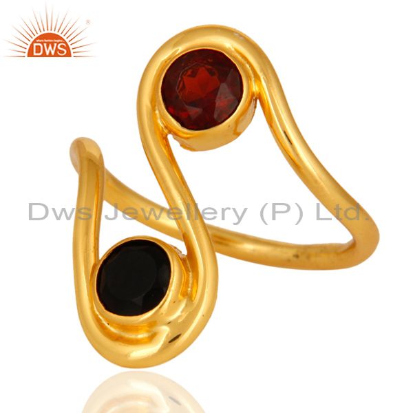 Exporter Handmade Black Onyx And Garnet Gemstone Ring With 14K Yellow Gold Plated