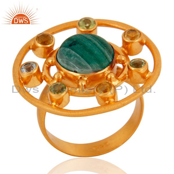 Exporter 925 Sterling Silver Malachite, Citrine And Peridot Cocktail Ring - Gold Plated