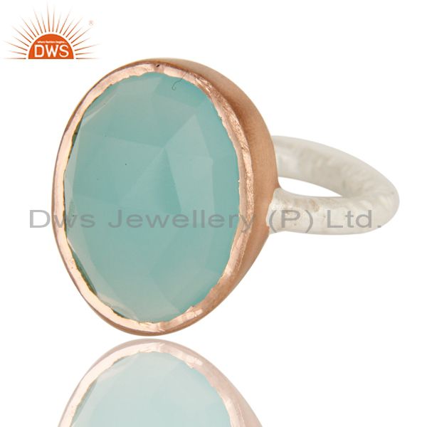 Exporter Dyed Aqua Blue Chalcedony Gemstone Sterling Silver Ring With Rose Gold Plated
