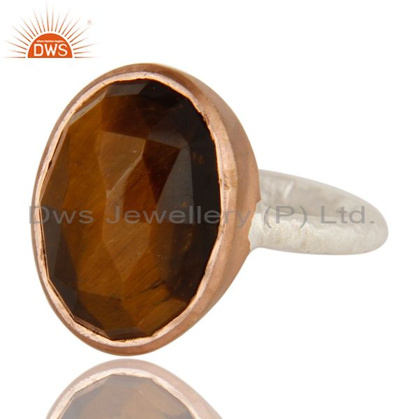 Exporter Faceted Tiger Eye Gemstone 18K Rose Gold On Sterling Silver Bezel Set Ring