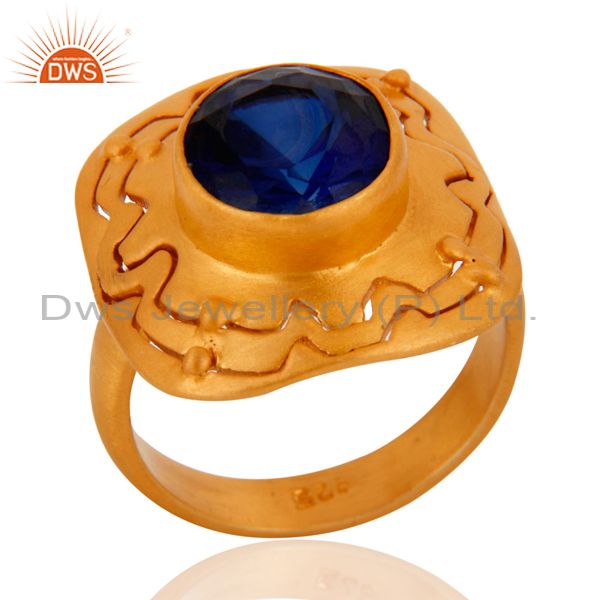 Exporter 18K Yellow Gold Plated Sterling Silver Blue Corundum Cocktail Ring