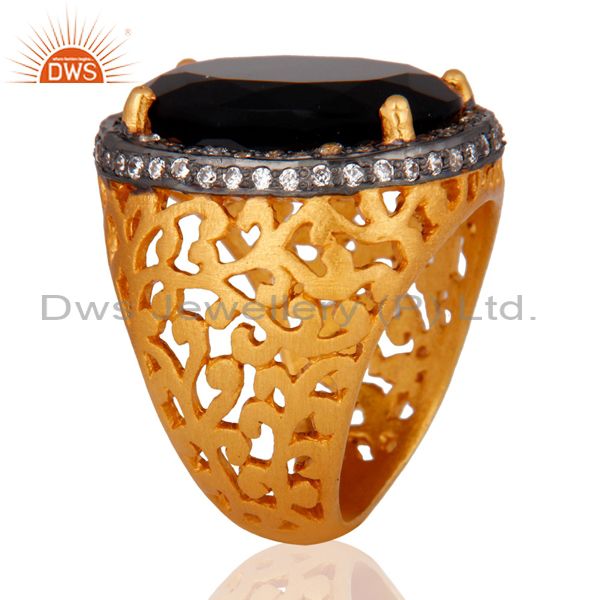 Handmade Black Onyx Ring Cz 18K Gold Plated Filigree Jewelry