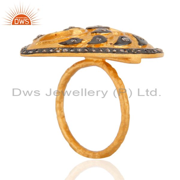 Exporter New Collection 24k Yellow Gold Plated Flower & Leaf Designer White Zircon Ring