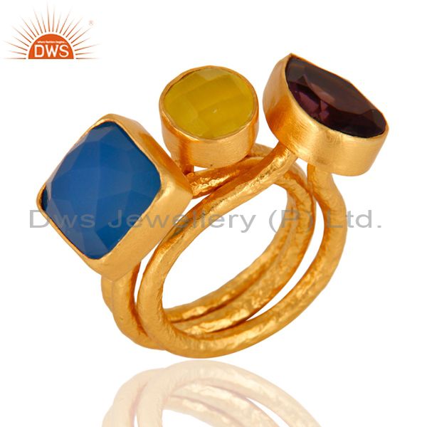 Exporter Hydro Amethyst And Aqua Blue CHalcedony 24K Gold Plated Ring 3 Pcs Set