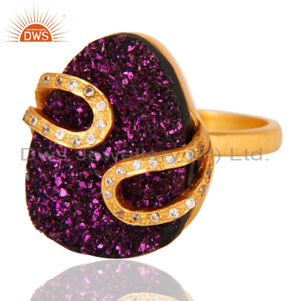 Exporter Designer 18k Yellow Gold-Plated Over Brass CZ Accent And Purple Druzy Ring