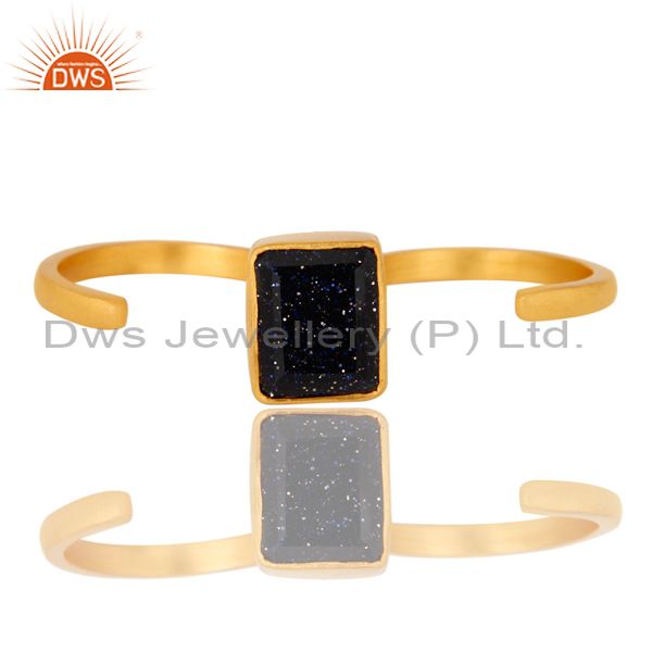 Exporter 18K Yellow Gold Plated Brass Blue Sunstone Two Finger Open Ring