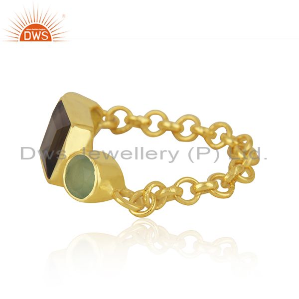 Exporter Designer 22K Gold Plated Sterling Silver Chain Link Ring With Smoky Quartz
