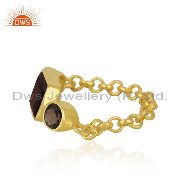 Exporter Smoky Quatrz & Garnet Gemstone Ring With Gold Plated Sterling Silver Chain