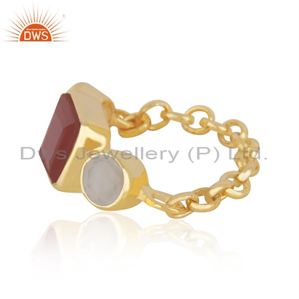 Exporter 22k Gold-Plated Sterling Silver Carnelian & Chalcedony Gemstone Chain Ring