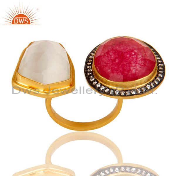 Exporter 18K Yellow Gold Plated Brass White Moonstone And Red Aventurine Fashion Ring